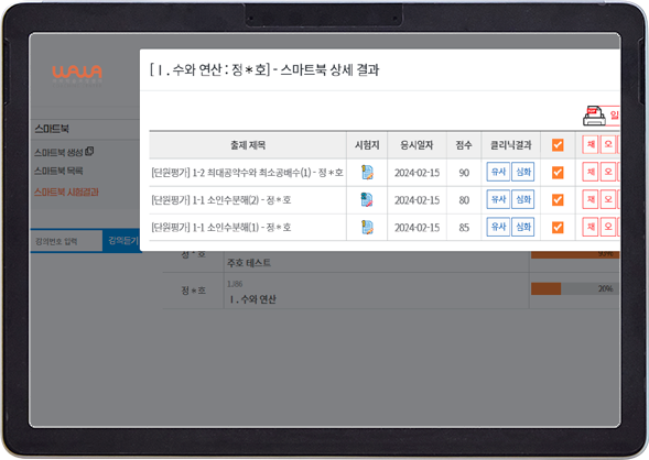 와와 AI 수학의 학습 결과와 오답 클리닉 화면 예시